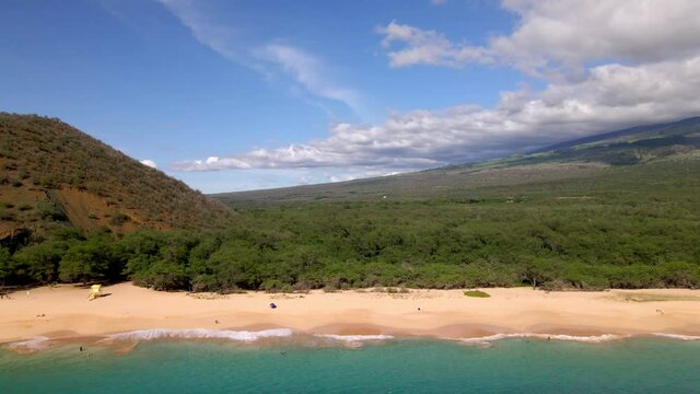 Aerial view on empty Makena Beach and Puu Olai volcano on Maui Island, USA