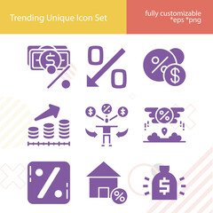 Simple set of net profit related filled icons.