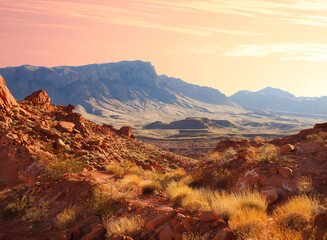 Sandstone Formations and Mountains of The Valley of Fire State Park at Sunset