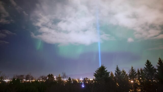 John Lennon memorial Peace Tower aurora borealis Reykjavik Iceland