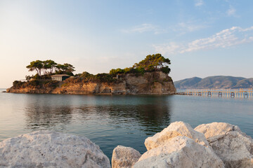 Scenic view of a paid beach located on a small island on the island of Zakynthos (Greece)