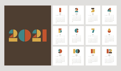 Calendar 2021 design template decorative with geometric typographic shape