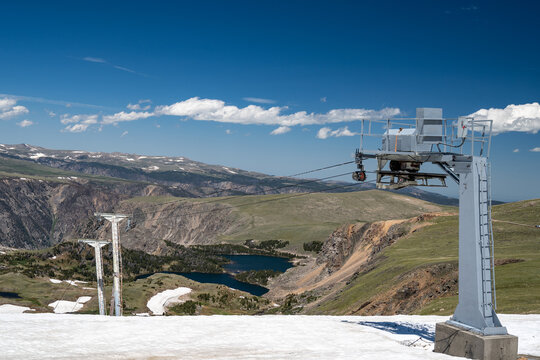 View of the chairlifts at the Beartooth Basin Summer Ski Are along the Beartooth Pass in Wyoming