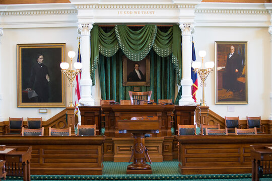 Spring, 2016 - Austin, Texas, USA - Austin Central Street in downtown. Empty meeting room in Texas State Capitol Building