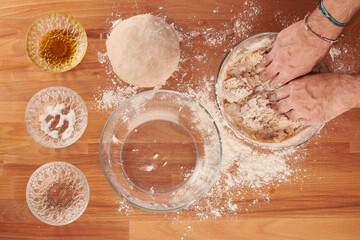 Making italian pizza step by step: mixing ingredients