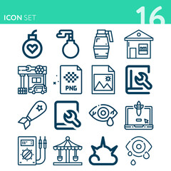 Simple set of 16 icons related to bomb