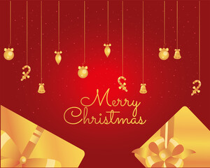 merry christmas gold gifts and icons hanging vector design