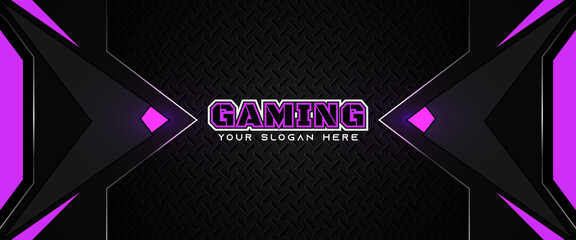 Futuristic purple and black abstract gaming banner design template with metal technology concept. Vector graphic for business corporate promotion, game header social media, live streaming background