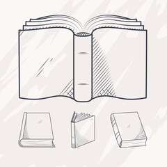 open book standing and books icon set, hand draw style
