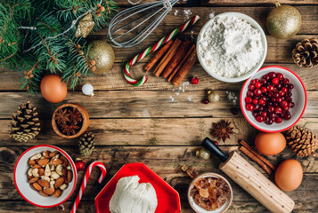 Christmas - baking cake background. Dough ingredients and decorations