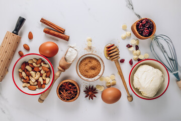Ingredients for autumn winter festive baking. Background layout with free text space. Top view.