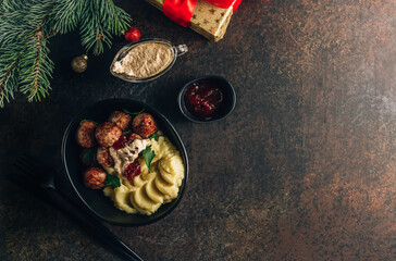 Swedish meatballs with mashed potatoes, gravy and lingonberry jam