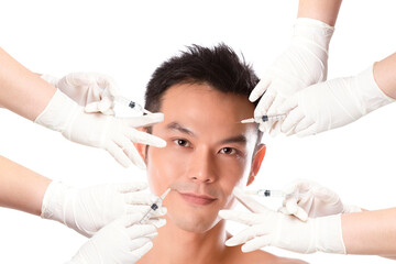 Confident asian man with hand of doctor with skin medical injection