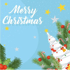 merry christmas pine tree with berries and leaves vector design
