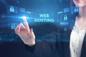 Business, Technology, Internet and network concept. Young businessman working on a virtual screen of the future and sees the inscription: Web hosting