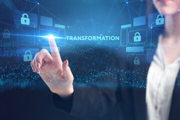 Business, Technology, Internet and network concept. Young businessman working on a virtual screen of the future and sees the inscription: Transformation