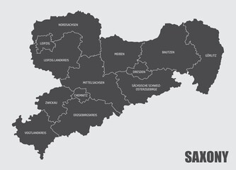 The Saxony State isolated map divided in districts with labels, Germany