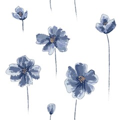 Seamless vector pattern. Blue artistic flowers on white background. - 397131495