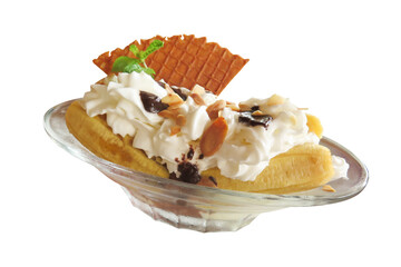 Banana split ice-cream isolated on white