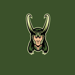 green horned man mascot logo. longhair loki - obrazy, fototapety, plakaty