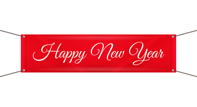 Happy New Year vinyl banner on grommets. Merry Christmas and happy New Year related 3d realistic vector illustration.