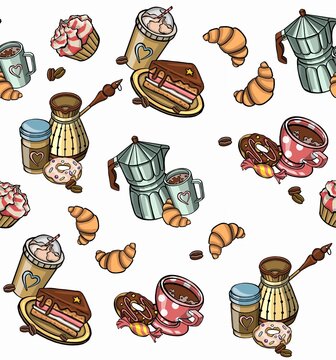 Pattern with cup of coffee, croissants ornament illustration