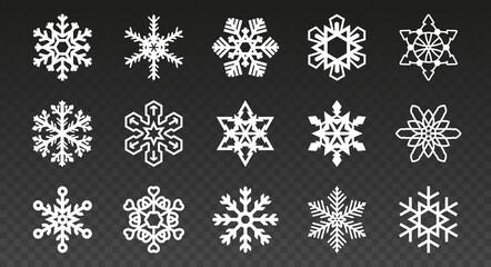 Large collection of snowflakes of different shapes on a transparent background. Merry Christmas and happy New Year related flat style vector illustration.