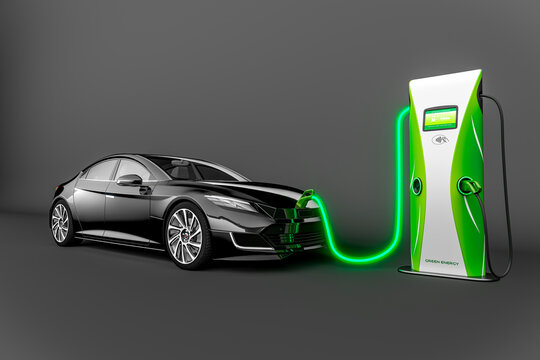 Eco Car Illustration. Wide Angle View Of A Generic Black Electric Vehicle Being Charged By A Glowing Cable From An Electric Vehicle Charging Station, Isolated Against Grey. 3d Rendering.