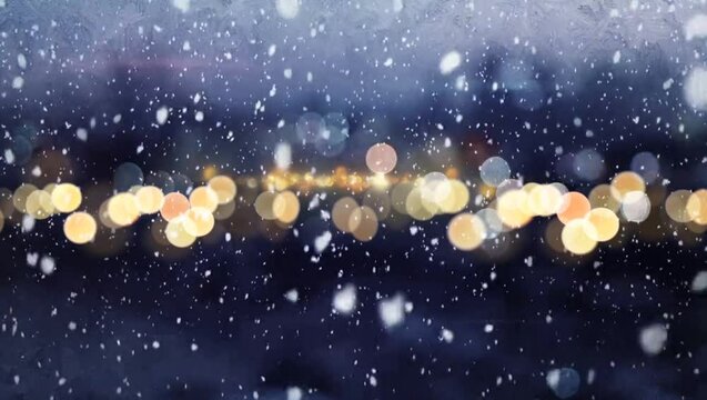 Realistic white snow Falling with orange light bokeh.
