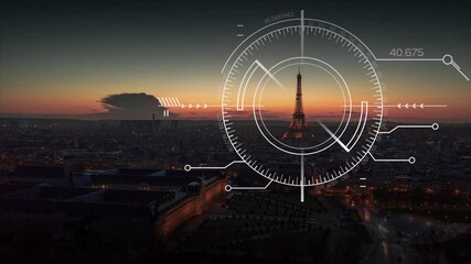 Drone patrolling Paris city, urban security surveillance - HUD tracker target on the Eiffel tower - 3D motion graphics animation - Powered by Adobe