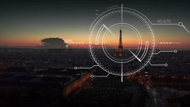 Drone patrolling Paris city, urban security surveillance - HUD tracker target on the Eiffel tower - 3D motion graphics animation