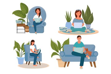 Set people working, studying at home, happy character with laptop isolated on white background. Freelance work, freedom lifestyle concept. 