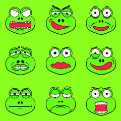 set funny of frog emotes with various facial expressions