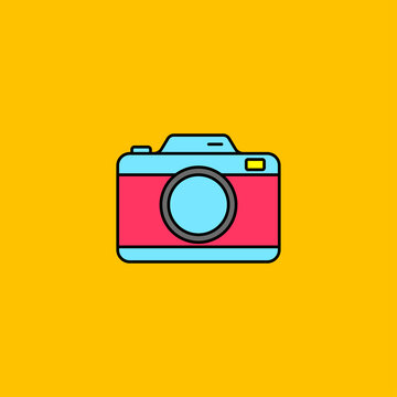 Simple camera vector illustration isolated on orange color background. Camera linear color style icon