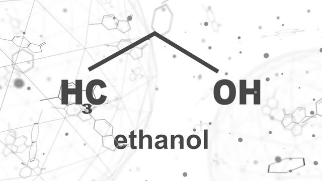 Structural chemical formula of ethanol molecule. Lines and dots connected background. 3D rendering