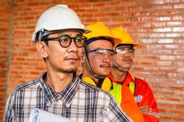 teamwork construction, Group portrait of professional engineer or architect and construction worker...