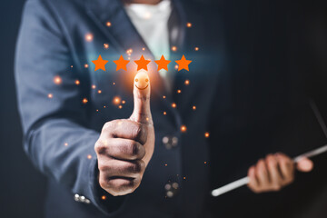 Customer service business people thumbs up rating 5 star satisfaction survey concept