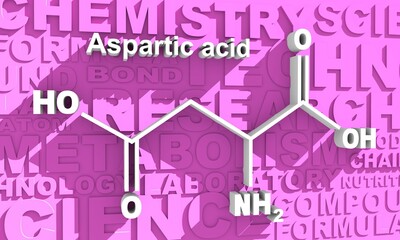 Amino acid. Aspartic acid structural formula. Infographics illustration. 3D rendering.