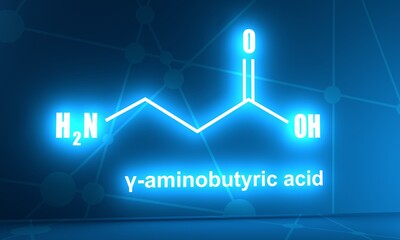 Medical illustration. Chemical formula of gamma-Aminobutyric acid. 3D rendering. Neon shine