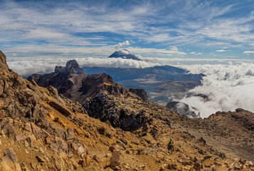 Two hikers go hiking to the volcanoes. Climbing of mountain. Trekking in the iztaccihuatl volcano