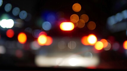 Blurry image of bokeh traffic and city lights at night.
