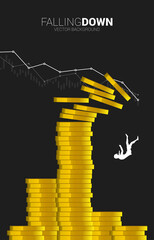 Silhouette of businesswoman falling down from stack of money coin. Concept of decline in business value and revenue.