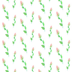 Rosebud pattern. Simple illustration with pink flowers on a white background. Vector illustration. For scrapbooking and decoration, fabrics, packaging.