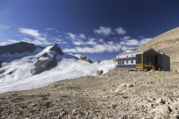 Louise and Richard Guy Alpine Club of Canada Rocky Mountain Hut Exterior and Glacial Landscape in Yoho National Park