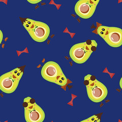 Seamless pattern of funny baby avocados. Bows and avocados in the image of cheerful girls and boys. Children's textiles, school backpack, a strap for a fitness bracelet, case, cover.Flat style. Vector