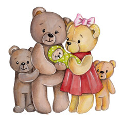 Cute cartoon teddy bears. Watercolor illustration, hand drawn. Isolated on white background.