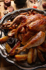 Macro shot of cooked turkey with baked potato and mushrooms on wooden background with little pumpkins. Thanksgiving concept. Traditional meal for festive dinner. Cookbook illustration.