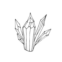 Healing  Single crystal isolated on a white background. Hand drawn vector illustration in Doodle style. Black and white mystical crystal for relaxing coloring for children and adults.