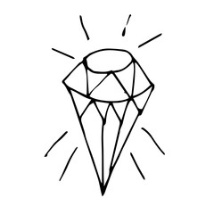 Healing  Single crystal isolated on a white background. Hand drawn vector illustration in Doodle style. Black and white mystical crystal for relaxing coloring for children and adults.