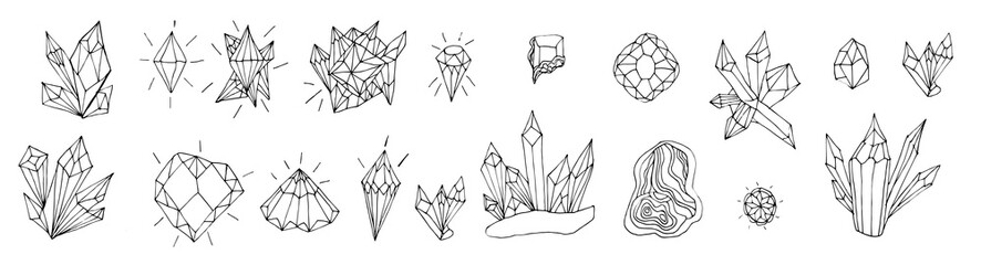 set of healing crystals isolated on a white background. Hand drawn vector illustration in Doodle style. Collection of black and white mystical crystals for relaxing coloring for children and adults.